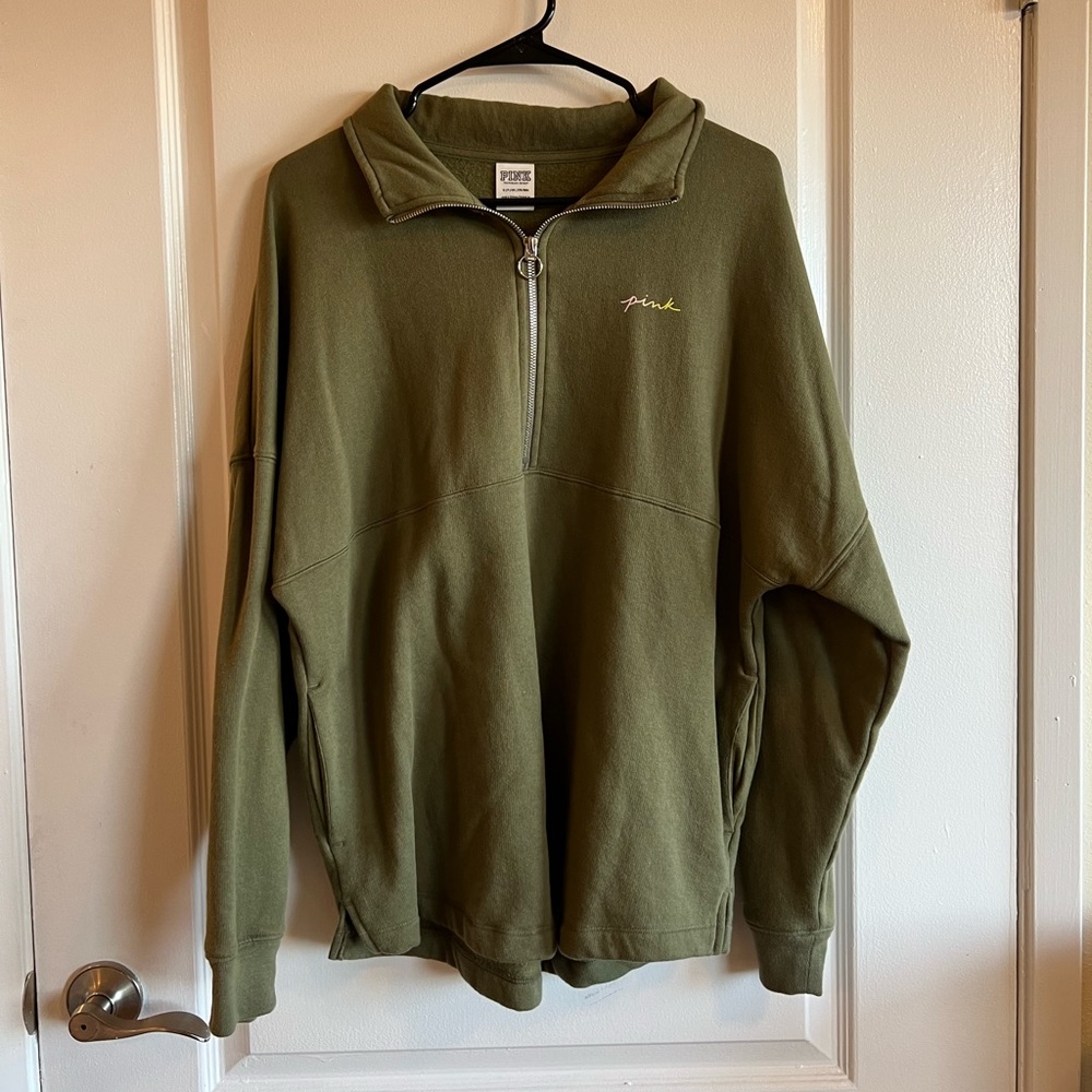 Olive green quarter-zip sweatshirt
